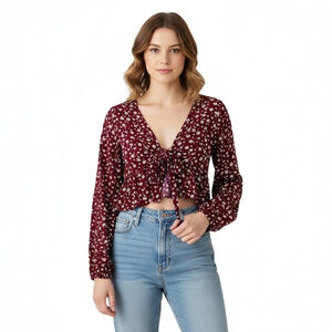 PacSun L.A. Hearts Floral Tie Front Long Sleeve Crop Blouse Burgundy White Med